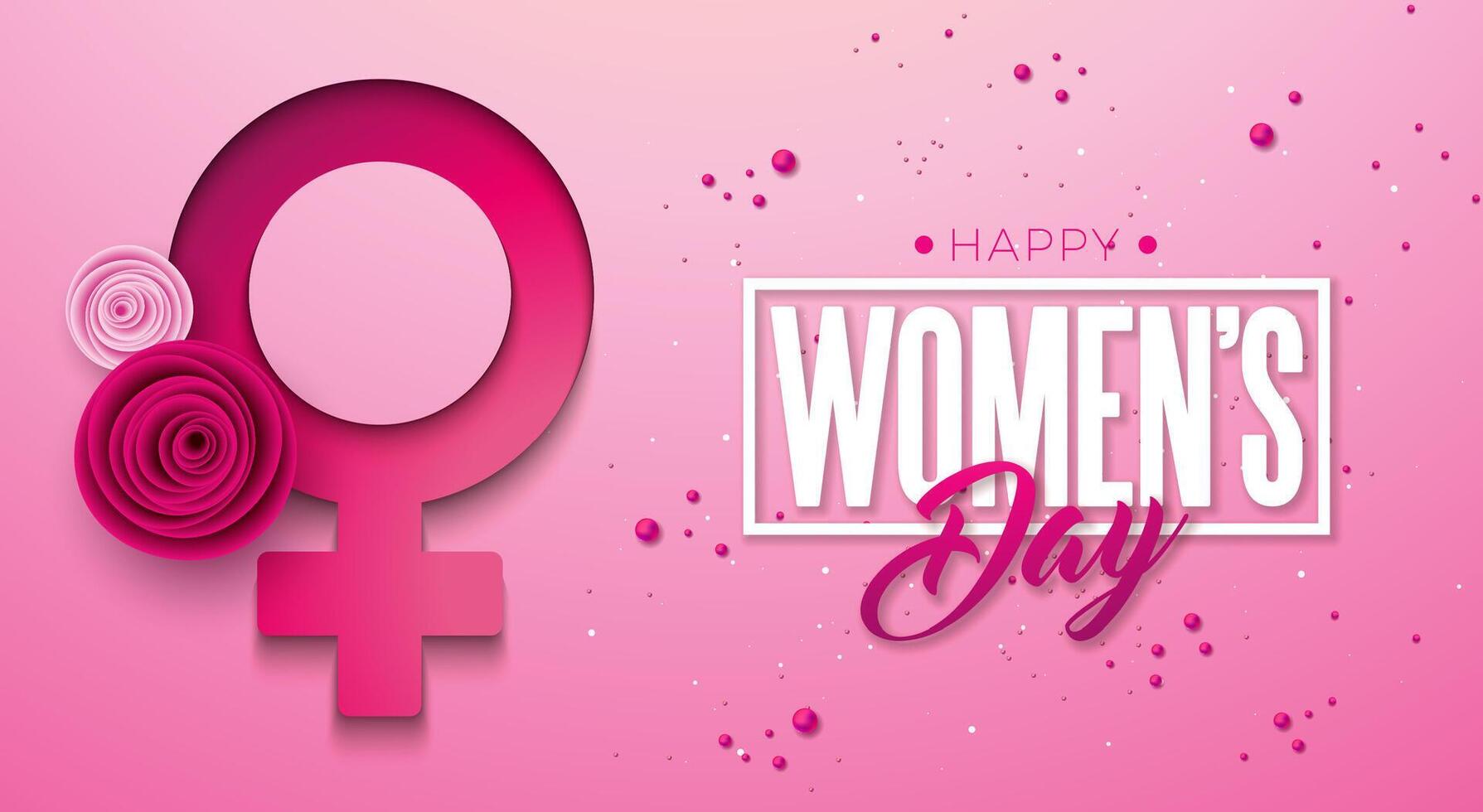 8 Mars internationell kvinnors dag vektor illustration med vår färgrik reste sig blomma och kvinna symbol på ljus rosa bakgrund. kvinnor eller mor dag tema mall för flygblad, hälsning kort, webb