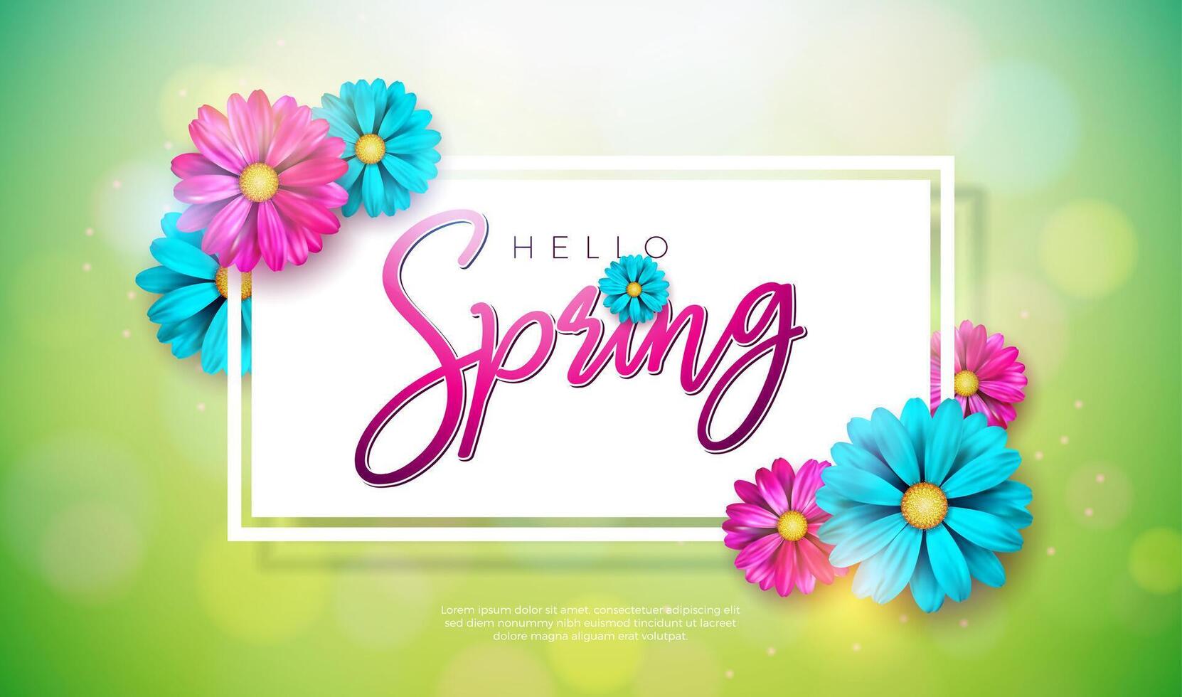 Vektor Illustration auf ein Frühling Natur Thema mit schön bunt Blume auf Grün Hintergrund. Blumen- Design Vorlage mit Typografie Brief zum Banner, Flyer, Einladung, Poster oder Gruß Karte.