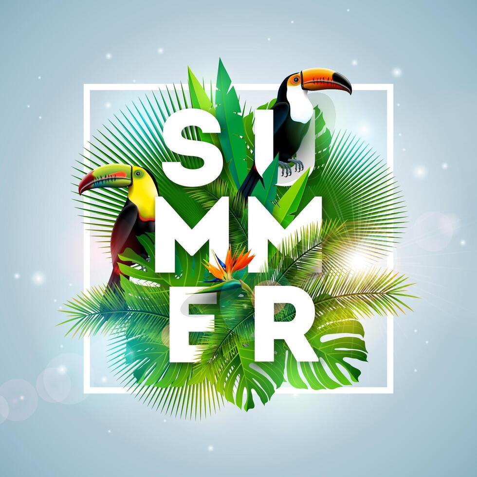 tropisk sommar Semester design med toucan fågel och papegoja blomma på ljus bakgrund. vektor typografi illustration med exotisk handflatan löv och fylodendron för baner, flygblad, inbjudan, broschyr