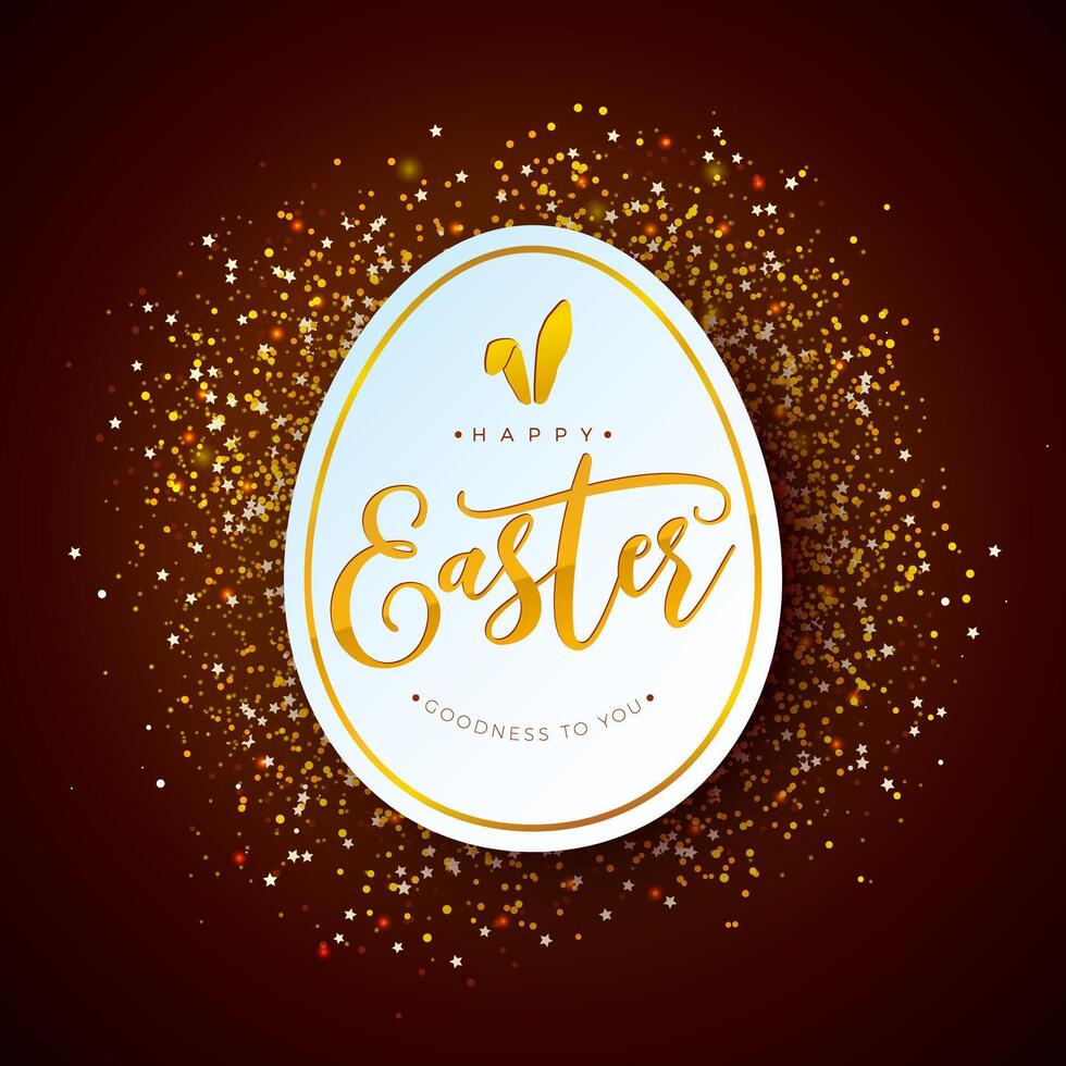 glücklich Ostern Illustration mit Typografie Beschriftung im Ei gestalten und Gold Konfetti auf dunkel Hintergrund. Vektor Ostern Tag Feier Design zum Flyer, Gruß Karte, Banner, Urlaub Poster oder Party