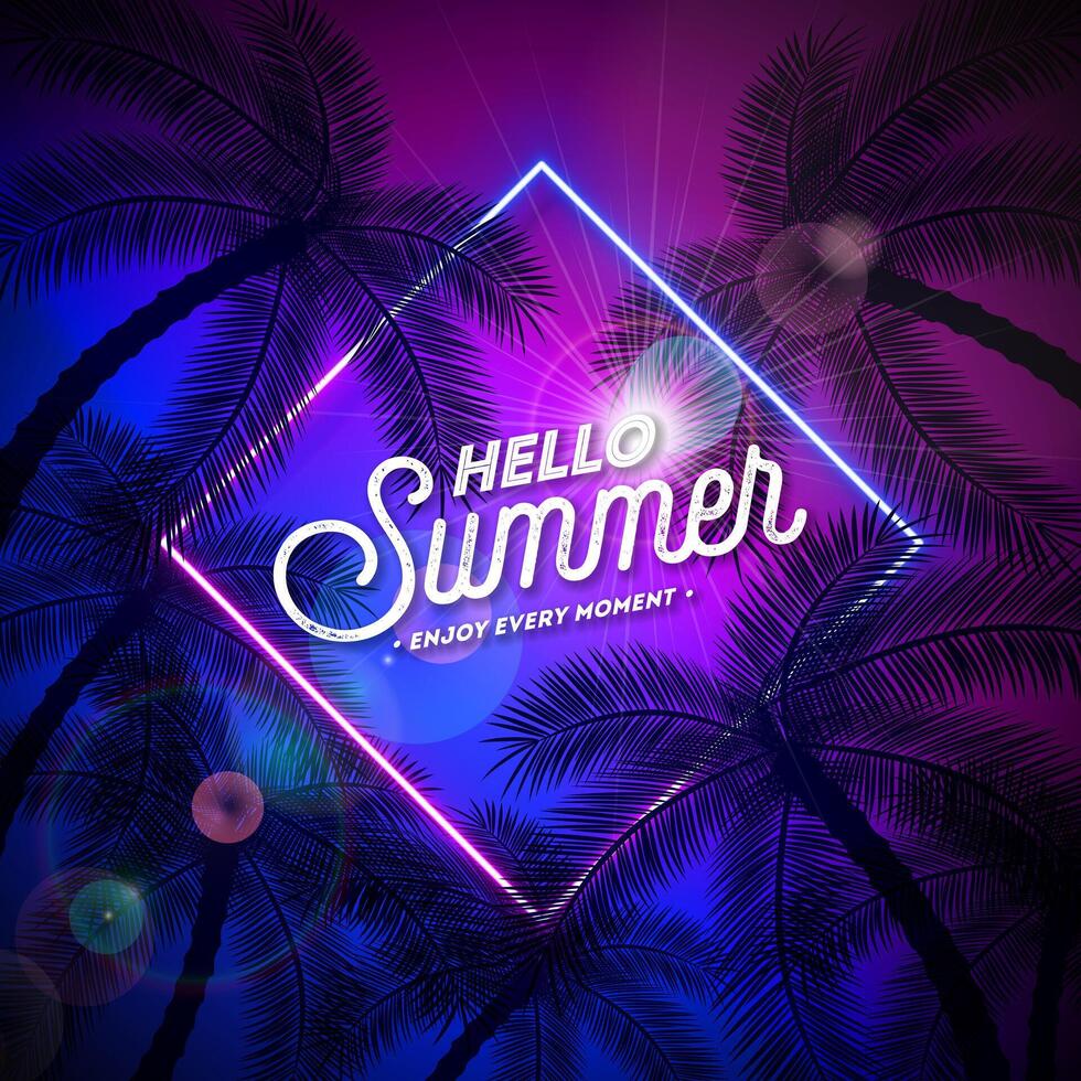 Sommer- Urlaub Design mit glühend Neon- Licht auf dunkel Hintergrund. Vektor Illustration mit Typografie Beschriftung und Palme Baum zum Banner, Flyer, Einladung, Broschüre, Poster oder Gruß Karte.