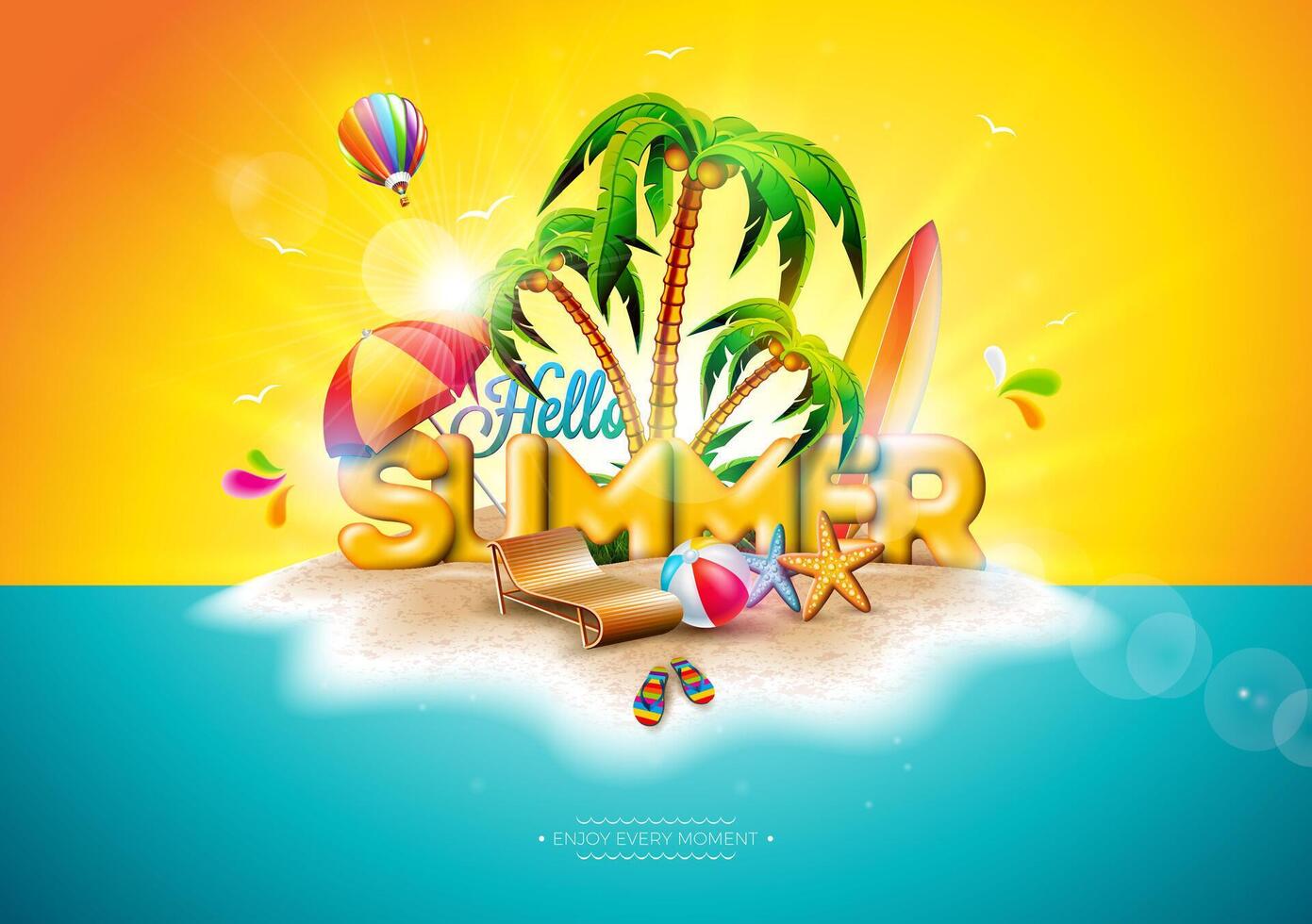 Vektor Hallo Sommer- Urlaub Illustration mit 3d Beschriftung auf Ozean Landschaft Hintergrund. tropisch Pflanzen, Blume, Strand Ball, Luft Ballon, Surfen Tafel und Sonnenschirm zum Banner, Flyer, Einladung