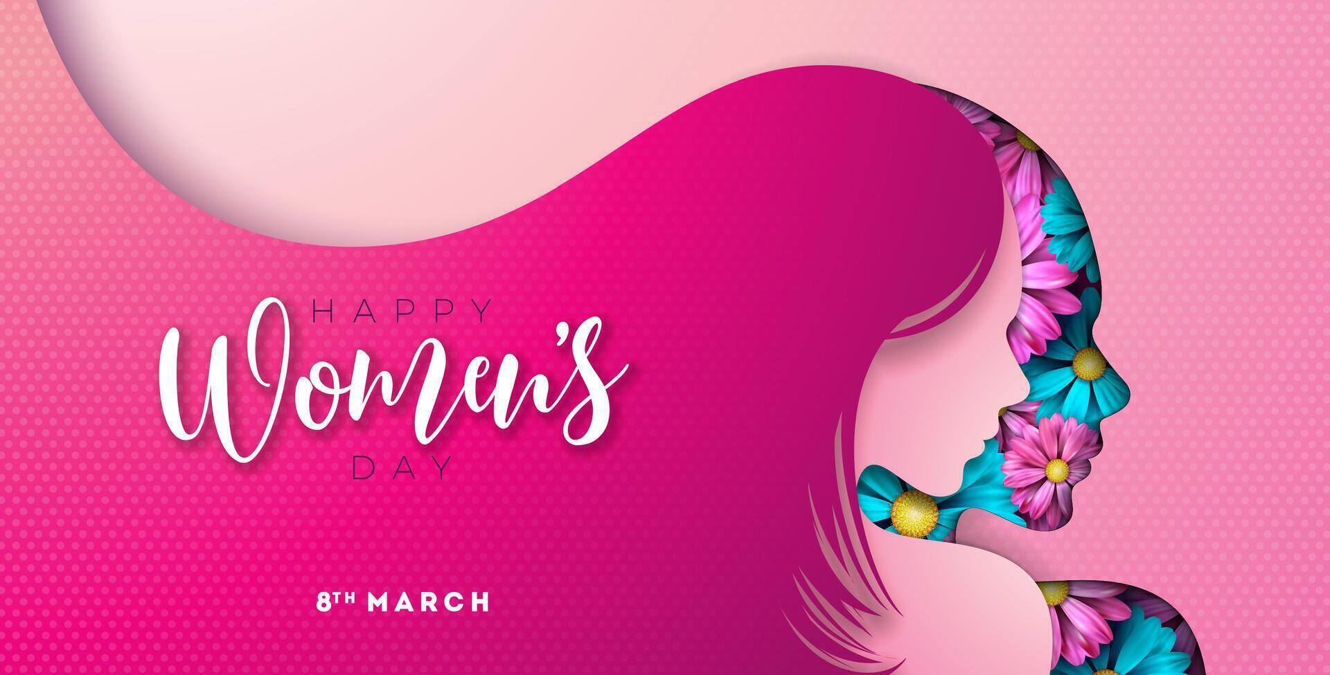Lycklig kvinnors dag blommig illustration. 8 Mars internationell kvinnor dag vektor design med vår färgrik blomma och ung kvinna ansikte silhuett på rosa bakgrund. kvinnor eller mor dag tema mall