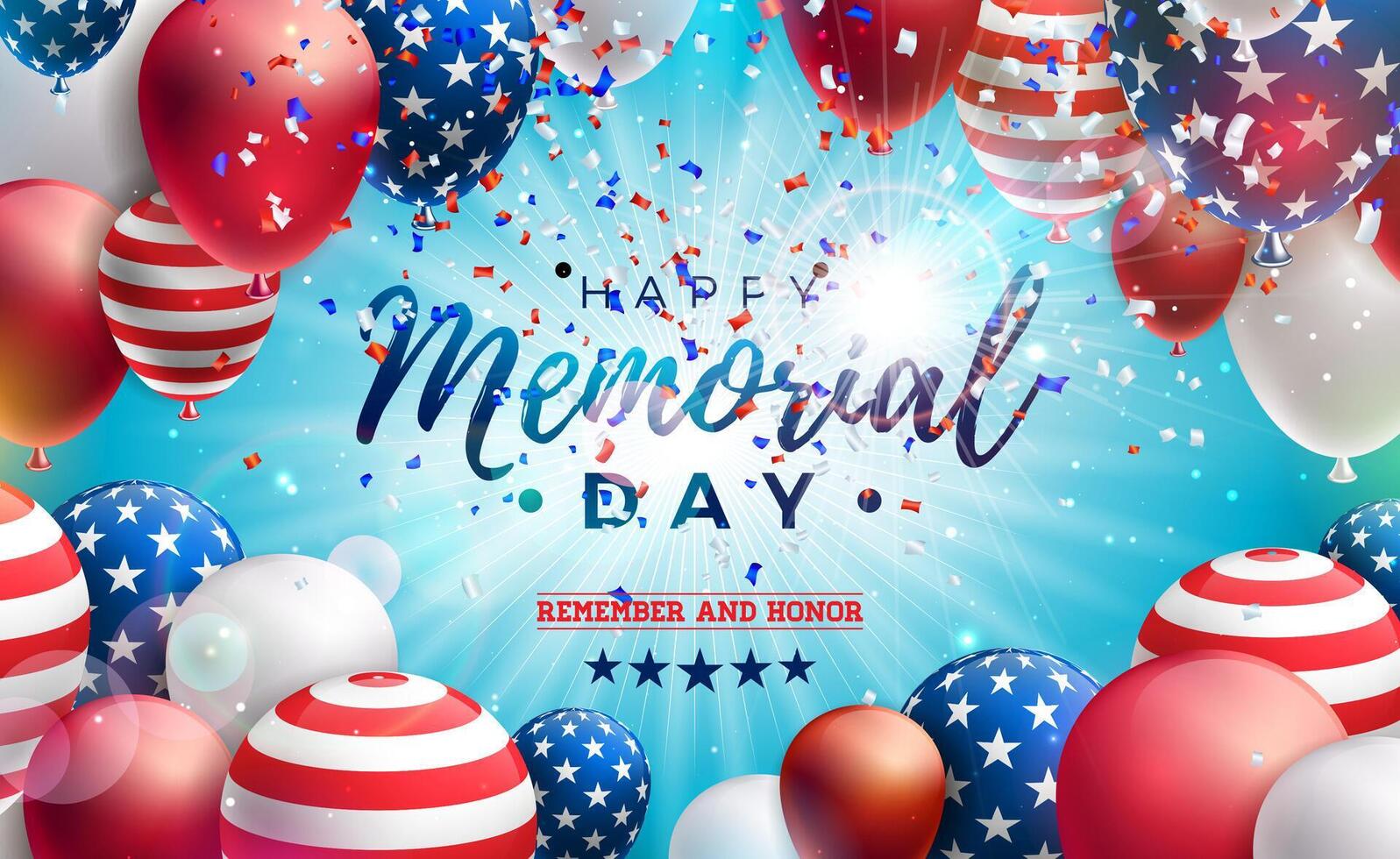 minnesmärke dag av de USA vektor design mall med amerikan flagga luft ballong och faller konfetti på skinande blå bakgrund. nationell patriotisk firande illustration för baner, hälsning kort