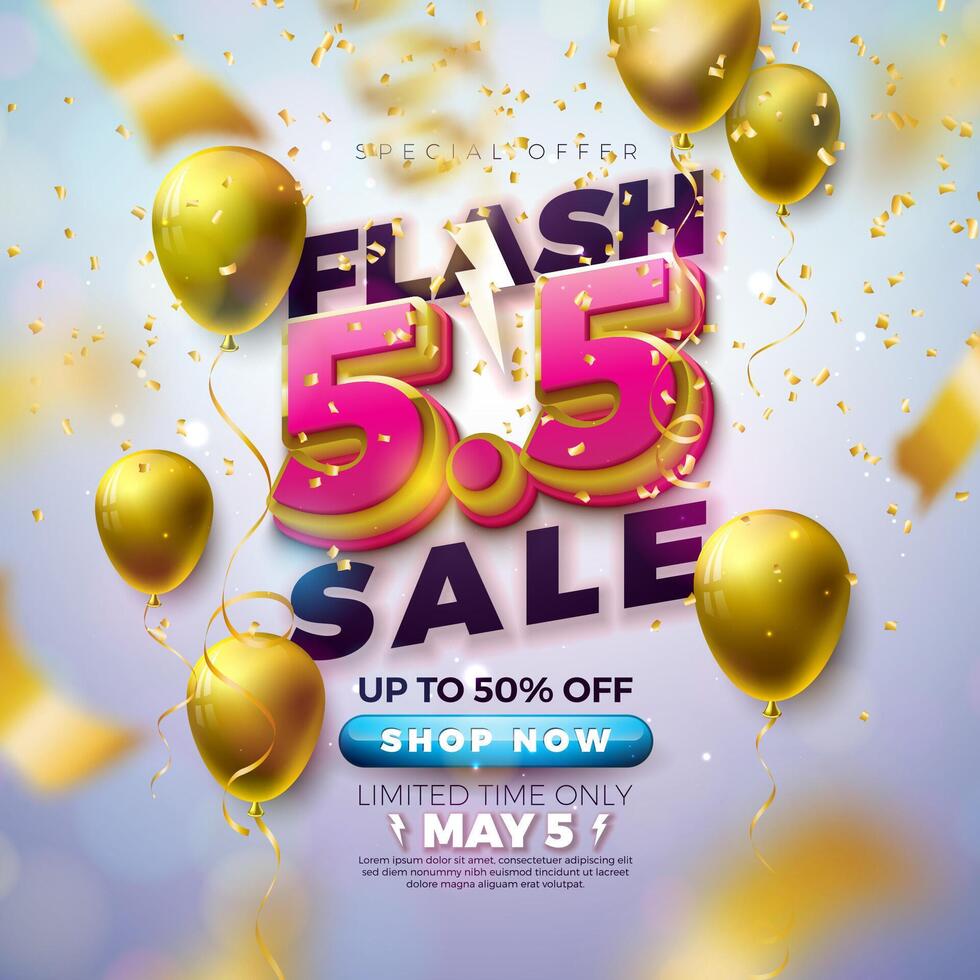 Werbung Geschäft Blitz Verkauf Design mit 3d 5.5 Nummer und Party Ballon auf Licht Hintergrund. Vektor kann 5 Besondere Angebot Illustration zum Coupon, Gutschein, Banner, Flyer, Werbung Poster oder