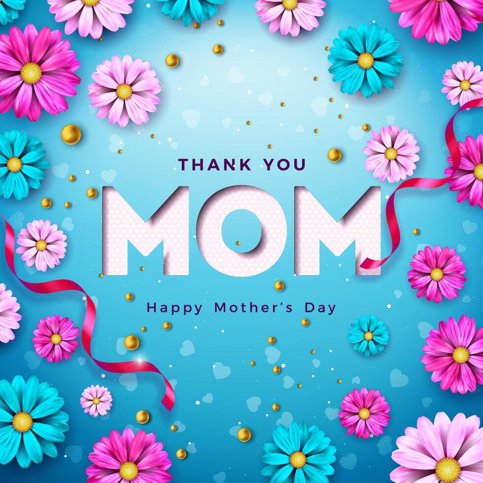Lycklig mors dag hälsning kort design med blomma och typografi brev på blå bakgrund. vektor firande illustration mall för baner, flygblad, inbjudan, broschyr, affisch.