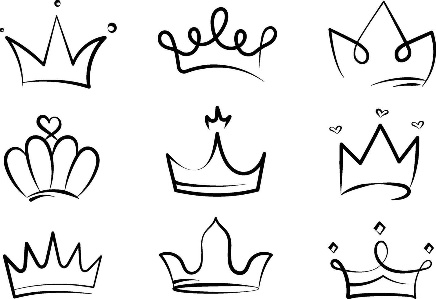 linje konst kung eller drottning krona skiss, skön diadem och lyxig dekaler vektor illustration uppsättning.
