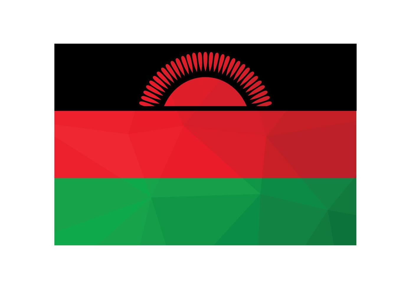 Vektor Illustration. offiziell Symbol von Malawi. National Flagge im Schwarz, Grün, rot Farben und Sonne. kreativ Design im niedrig poly Stil mit dreieckig Formen. Gradient bewirken