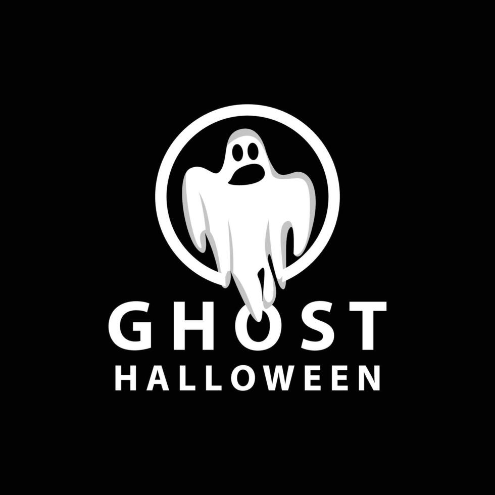läskigt spöke logotyp, enkel halloween tecknad serie jäkel design illustration mall svart bakgrund vektor