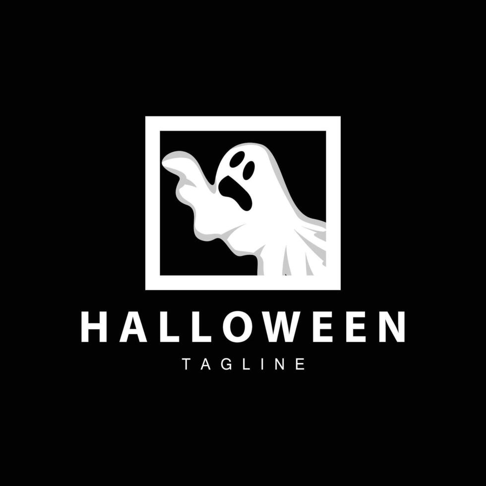 läskigt spöke logotyp, enkel halloween tecknad serie jäkel design illustration mall svart bakgrund vektor