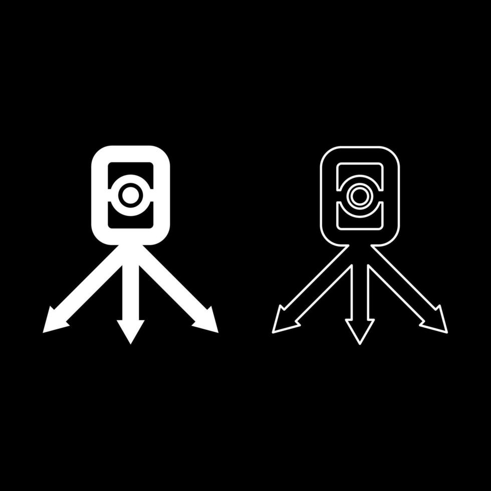 teodolit undersökning Utrustning för mätningar på stativ geodetisk enhet takymeter forskning nivå instrument geodesi verktyg uppsättning ikon vit Färg vektor illustration bild fast fylla översikt kontur