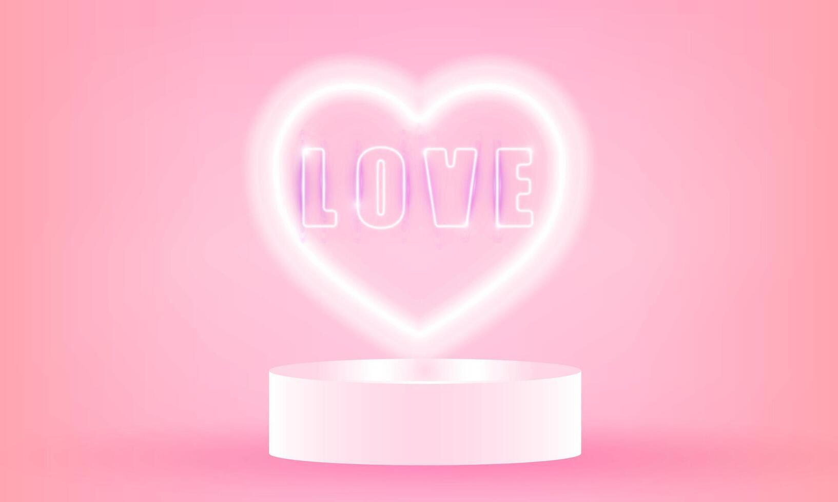 glücklich Valentinstag Tage Neon- Herz von Hintergrund mit verwischen Herzen. Bühne Podium Szene mit zum Vektor Poster Design