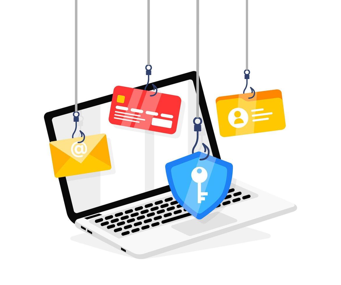 Phishing Betrug warnen Konzept. Phishing Betrug, Haken Köder mit Email, Karte, und Schild. Vektor Illustration