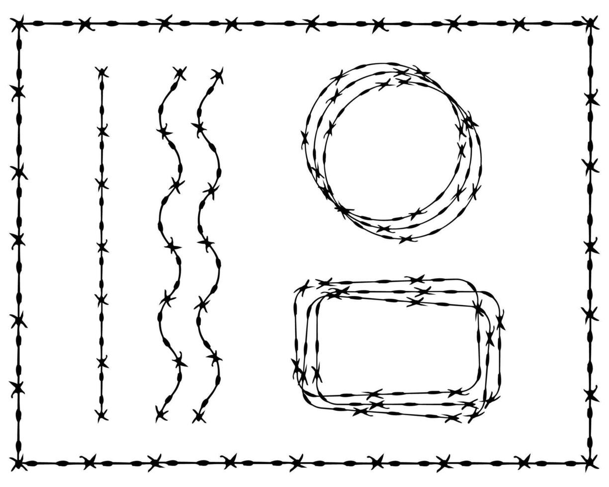 vriden hullingförsedda tråd silhuetter uppsättning i avrundad och fyrkant former. vektor illustration av stål svart tråd hulling staket ramar.