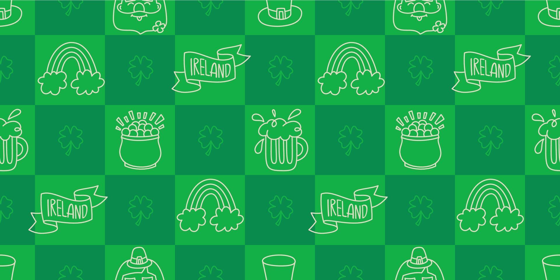 st Patricks Tag komisch nahtlos Muster mit ein kariert Grün Hintergrund und süß handgemalt irisch Urlaub Symbole, Symbole, und Elemente. vektor