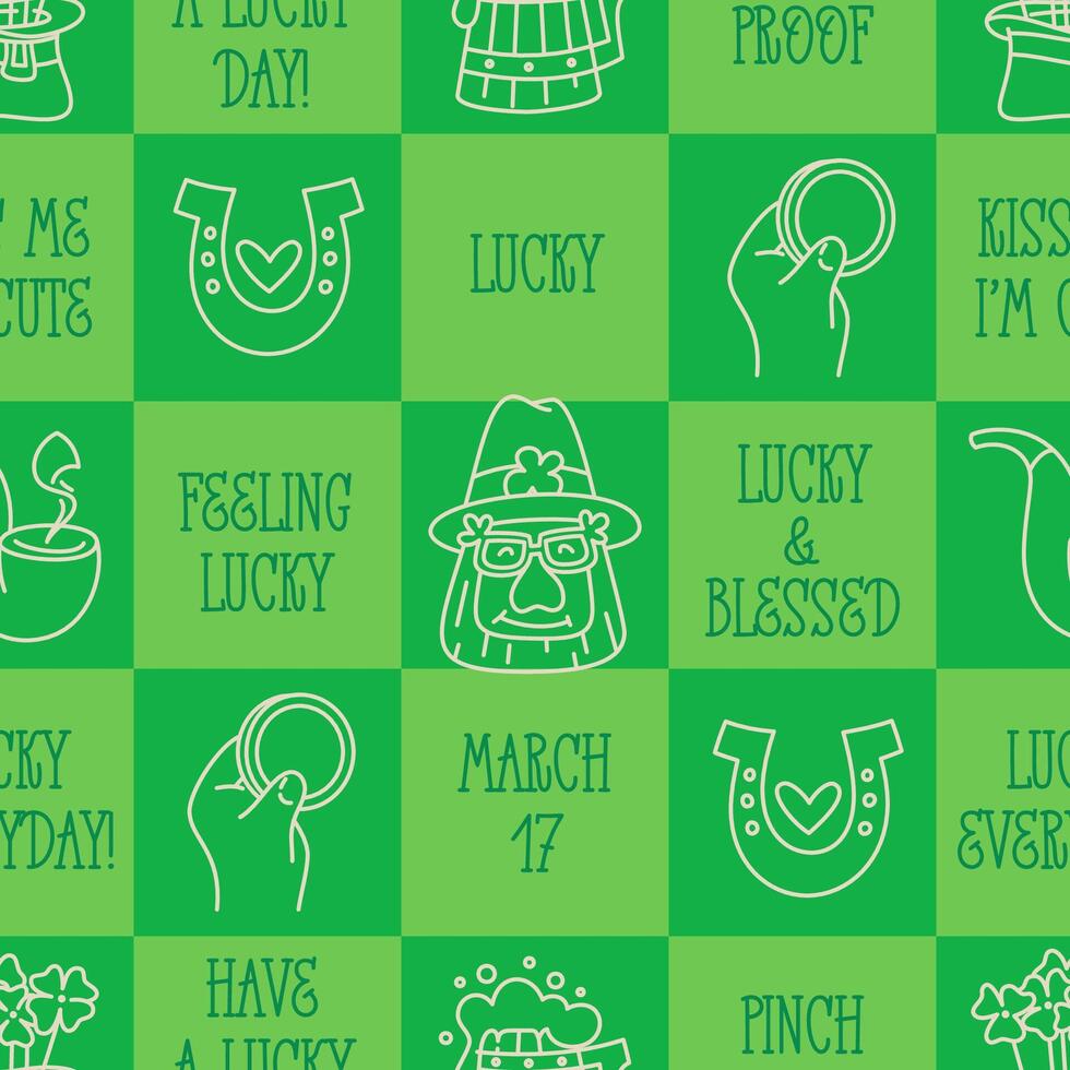 st Patricks Tag komisch nahtlos Muster mit ein kariert Grün Hintergrund und süß handgemalt irisch Urlaub Zitate, Symbole, Symbole, und Elemente. vektor