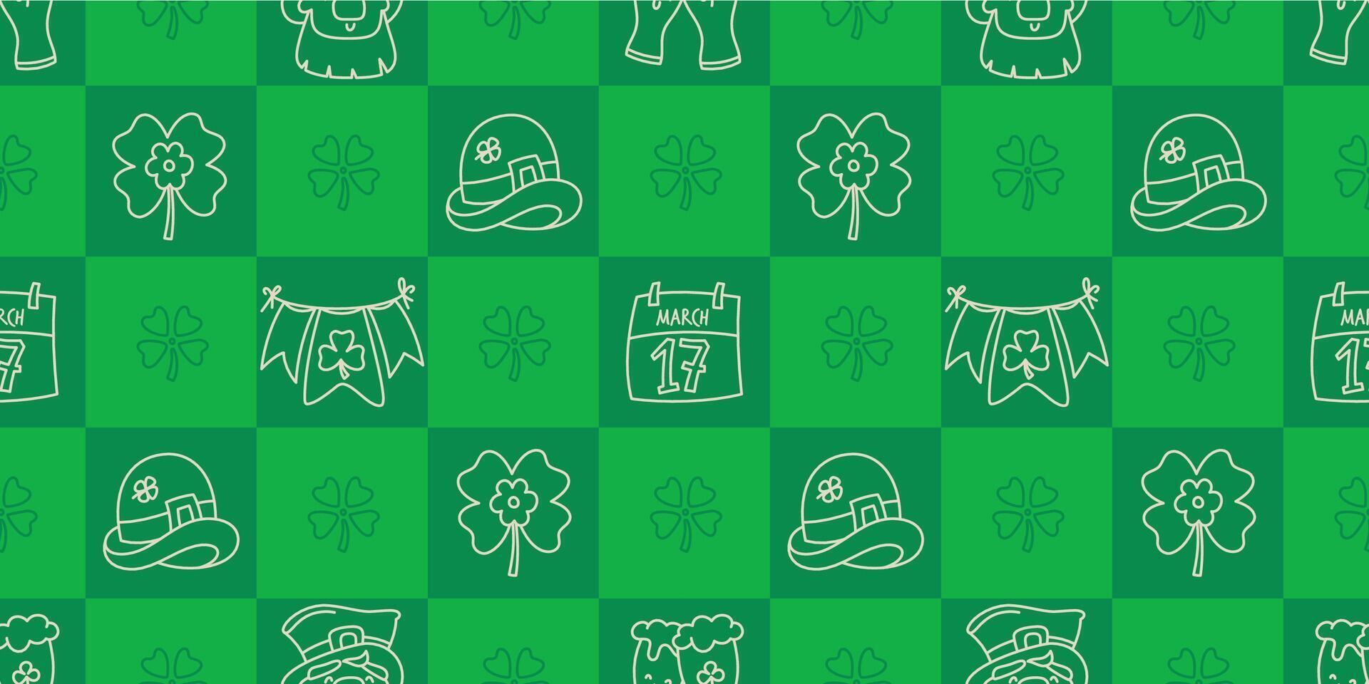 st patricks dag rolig sömlös mönster med en rutig grön bakgrund och söt ritad för hand irländsk Semester ikoner, symboler, och element. vektor