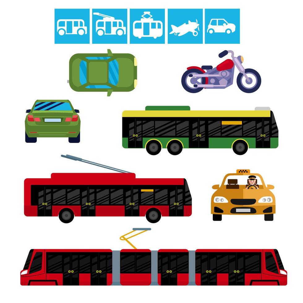 städtisch modern Transport. Straßenbahn, Bus, Obus, Taxi, Auto, Motorrad vektor