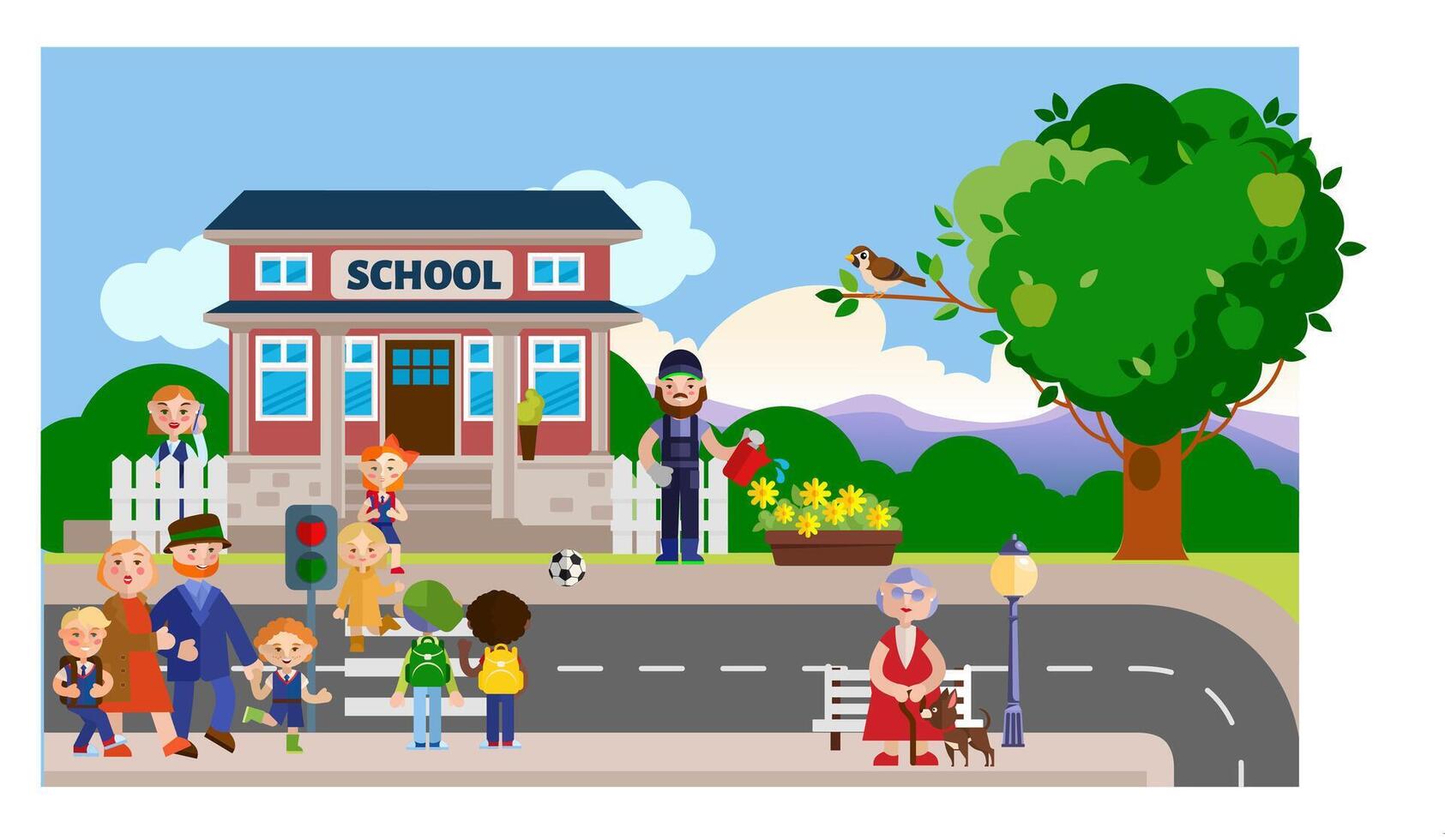 Straße im Vorderseite von das Schule. Eltern nehmen ihr Kinder zu Schule Illustrator Kunstwerk vektor