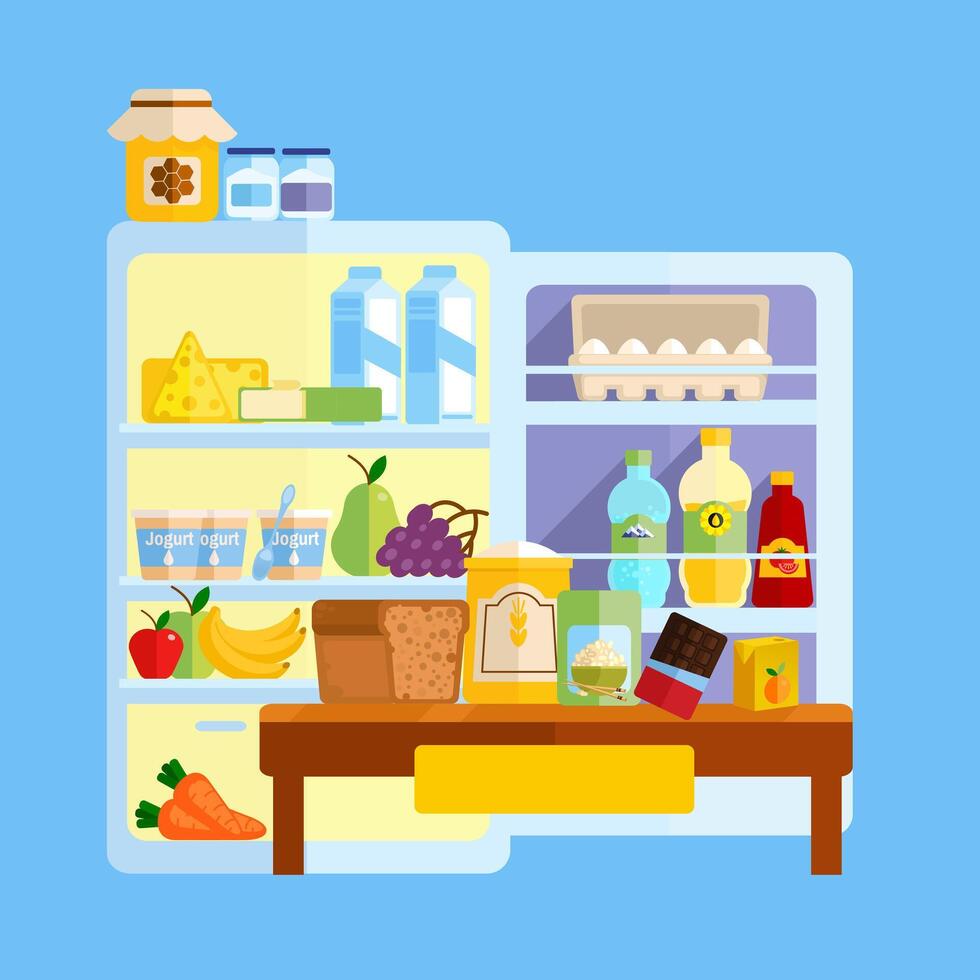 öffnen Kühlschrank und Essen im Es. Essen vektor