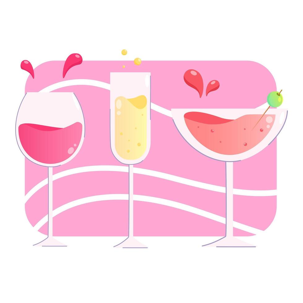 Färg vektor illustration med en uppsättning av annorlunda glasögon med alkohol eller juicer. vin, champagne, Martini