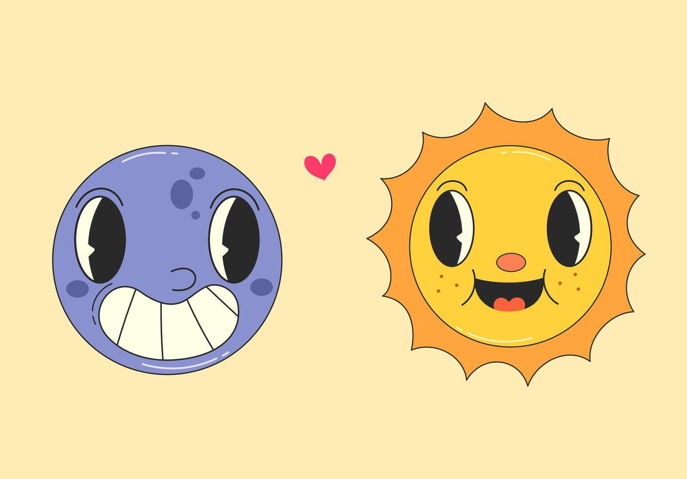 farbig Vektor Illustration mit lächelnd Mond und reden Sonne im groovig Stil