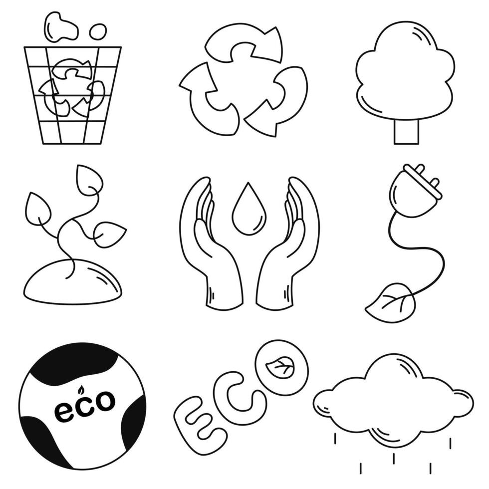 svart och vit vektor ikoner på de ämne av ekologi. återvinning, gro, planet, inskrift, händer, laddar, eko, moln