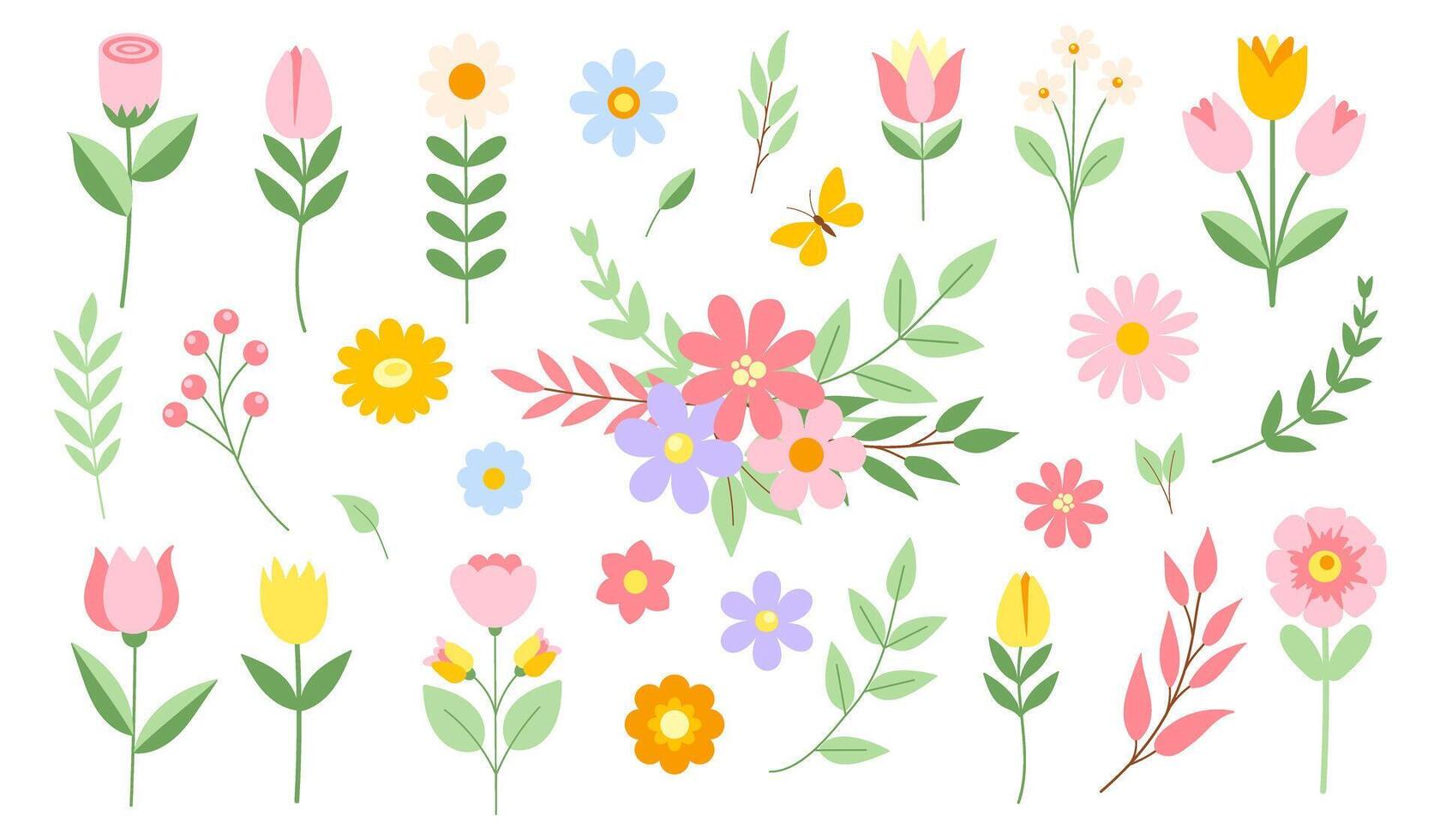 Frühling Blumen Satz. Vektor eben Illustration zum Karten, Poster, Banner