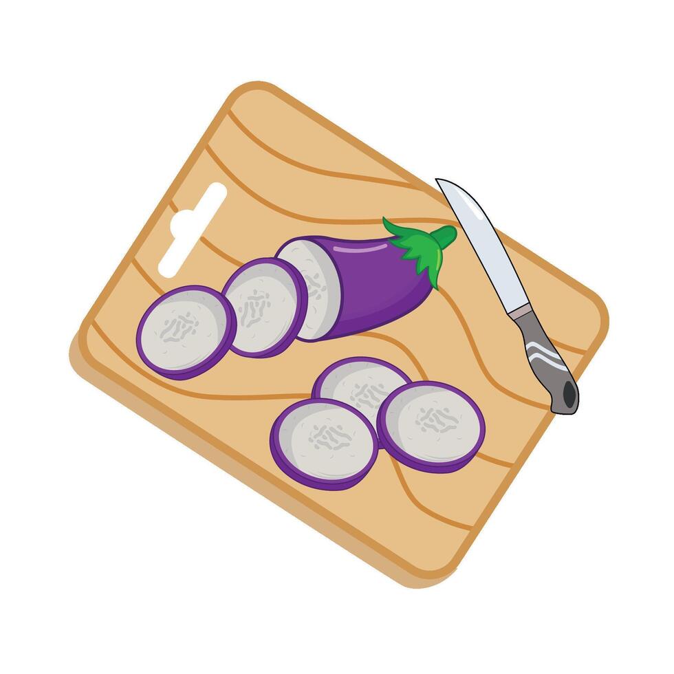 Messer im Hand Scheibe Scheibe Aubergine mit im Schneiden Tafel Illustration vektor