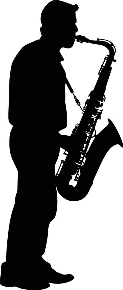 ai genererad silhuett saxofonist i prestera svart Färg endast vektor