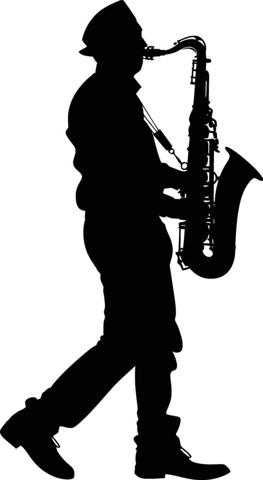ai genererad silhuett saxofonist i prestera svart Färg endast vektor