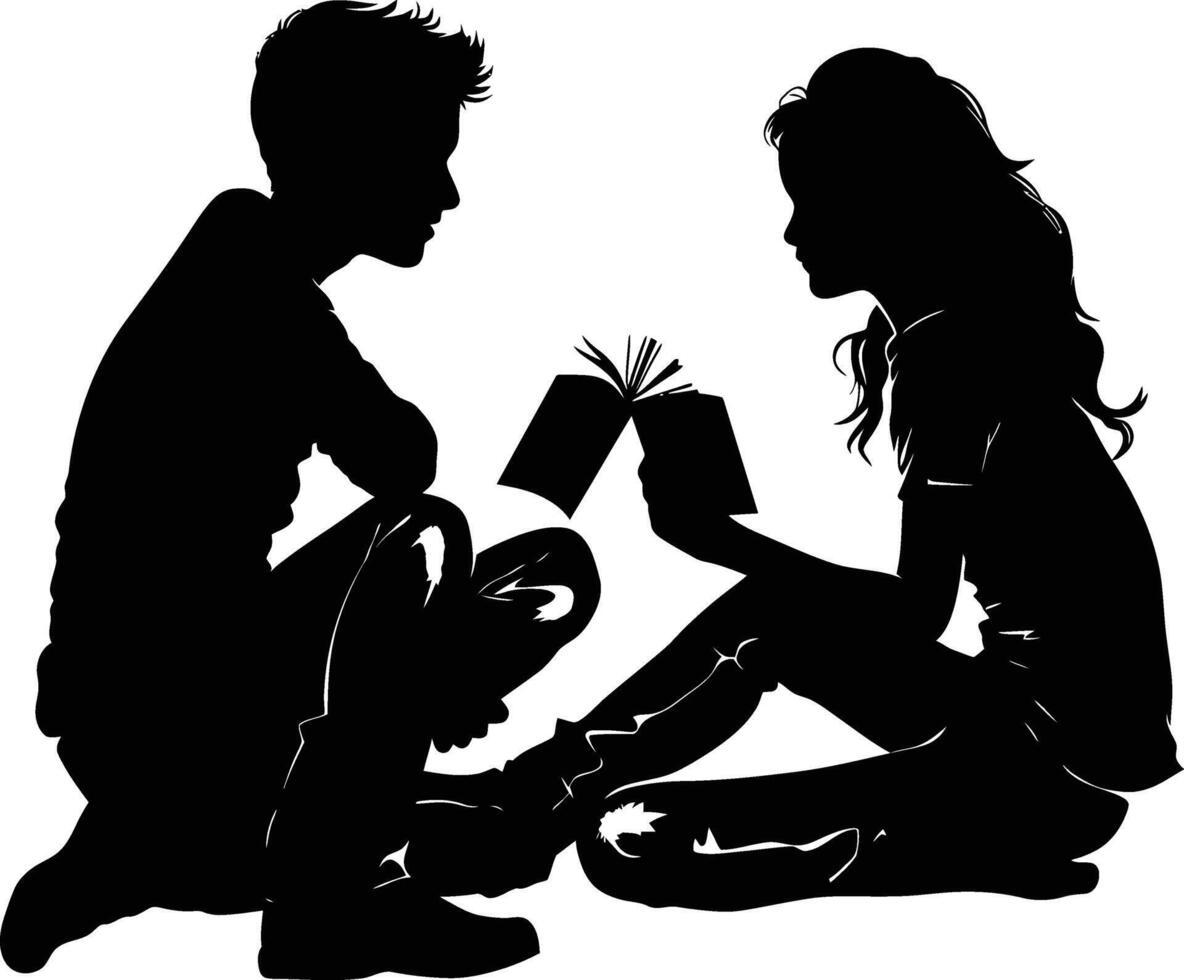 ai genererad silhuett tonåring flicka och pojke läsning bok tillsammans svart Färg endast vektor