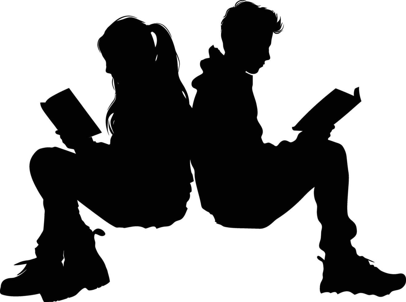 ai generiert Silhouette Teenager Mädchen und Junge lesen Buch zusammen schwarz Farbe nur vektor