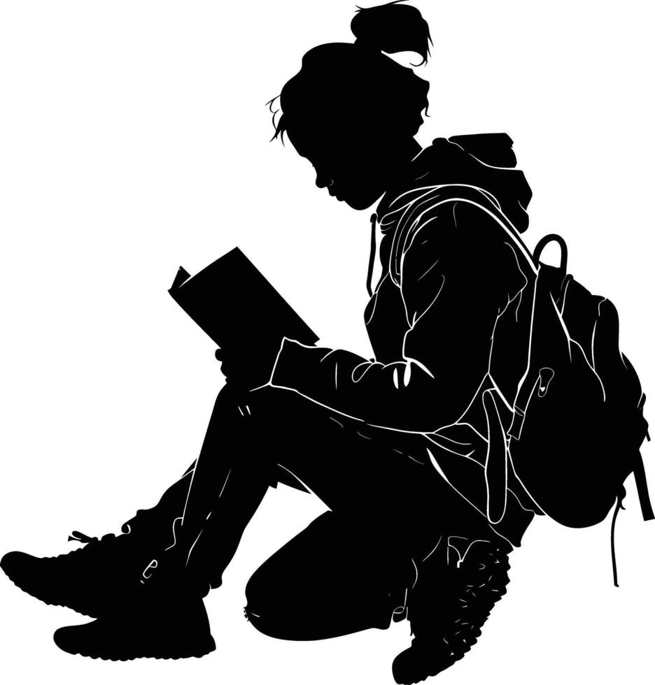 ai genererad silhuett tonåring läsning bok svart Färg endast vektor