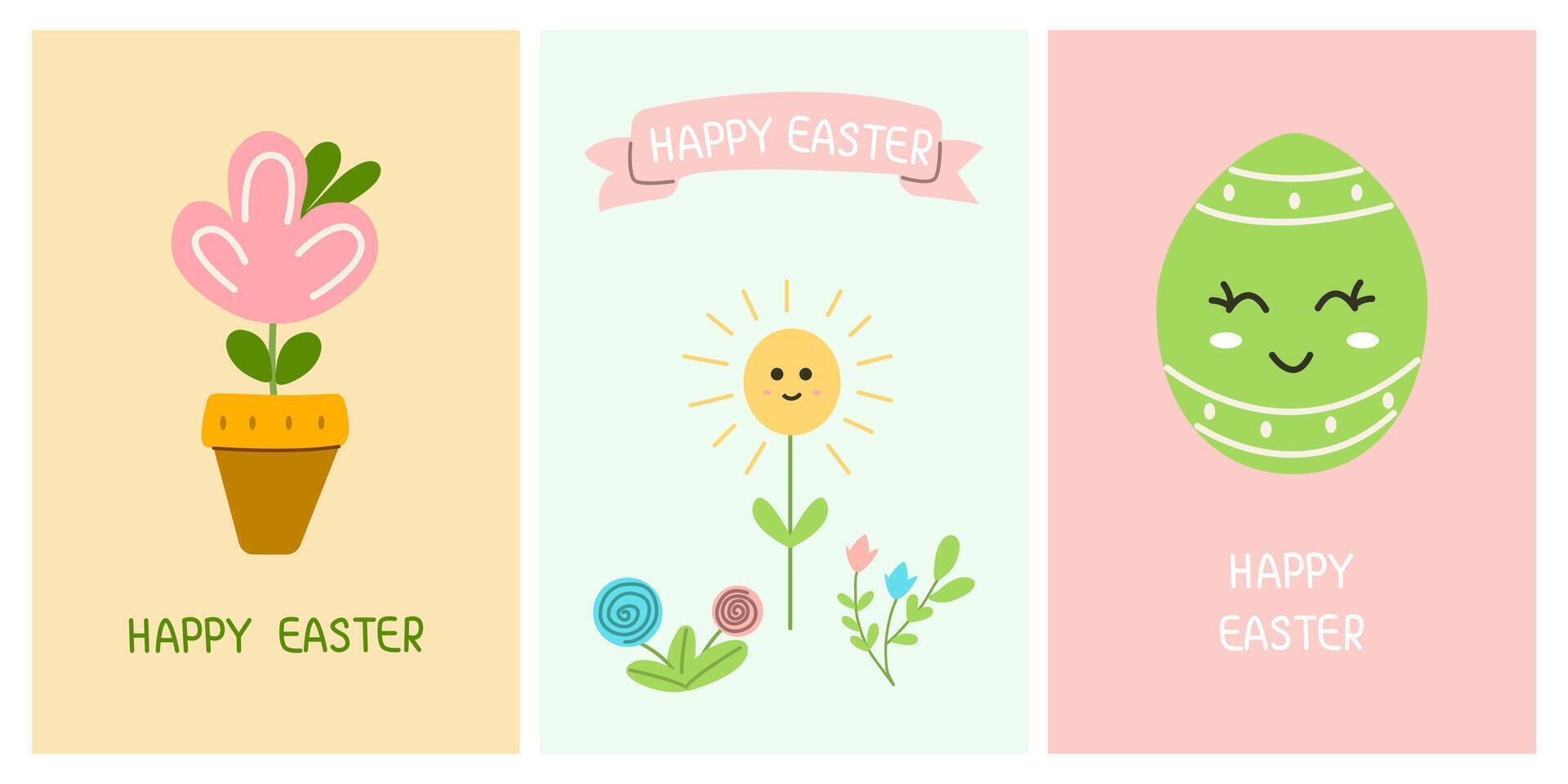 hälsning söt kort för de påsk Semester. ägg, vår blommor. för affischer, kort, scrapbooking, klistermärken vektor