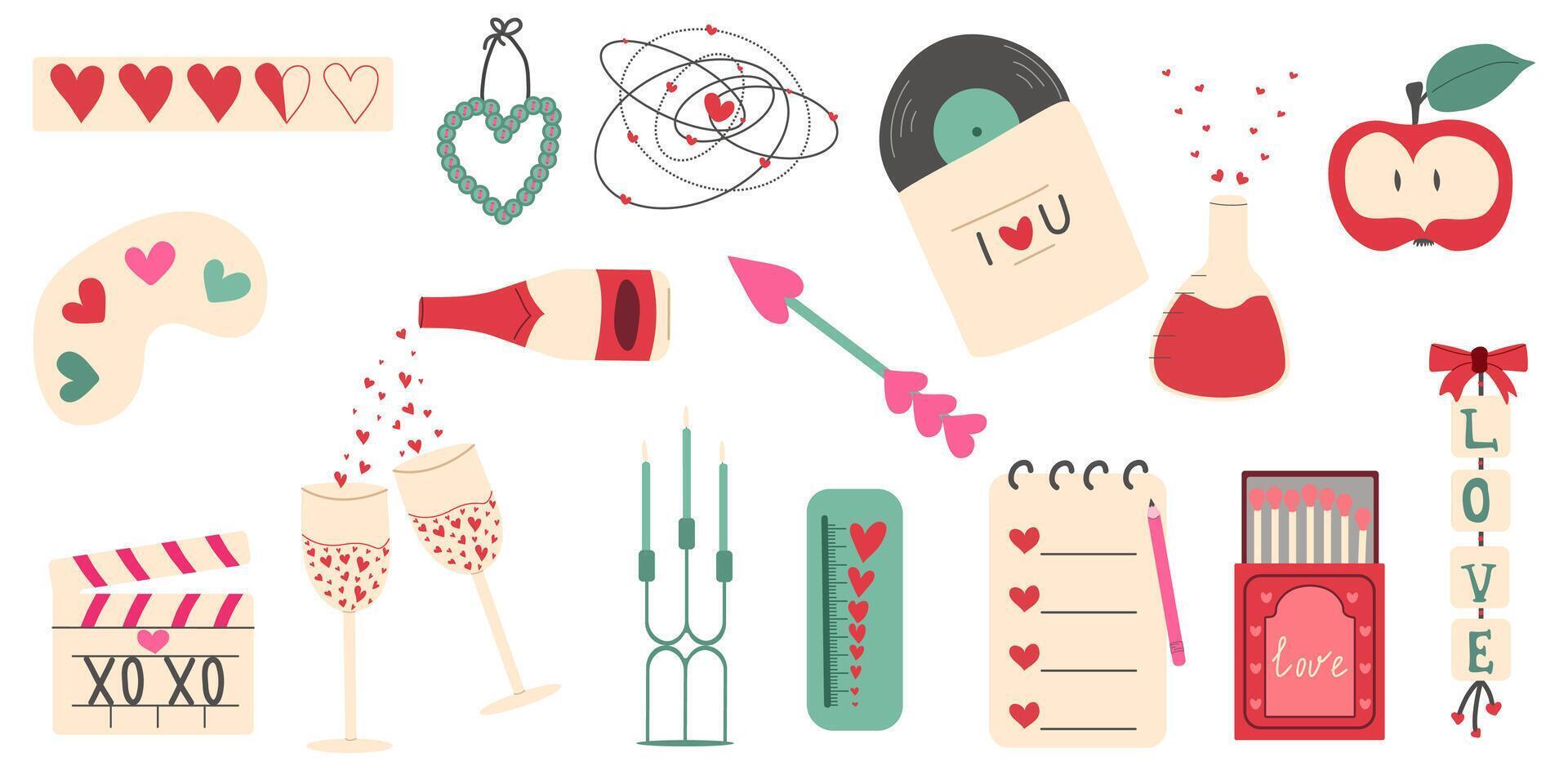 Vektor Abbildungen zum st. Valentinstag Tag, Aufkleber, Gruß Karten. einstellen von romantisch Elemente. Kerzen, Gläser, Notizbuch, Apfel.