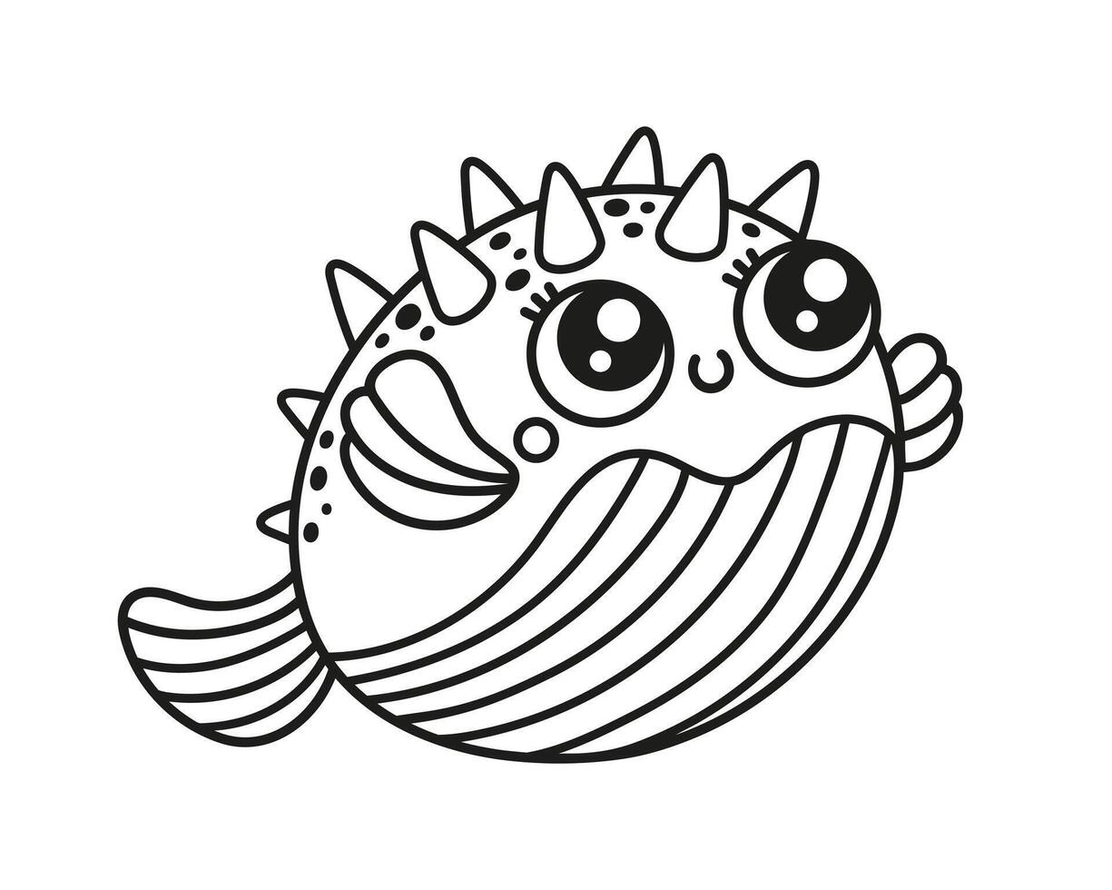 Puffer Fisch Vektor Illustration. japanisch Fugu mit Stacheln. süß unter Wasser Tier schwimmt, lächelt. Hand gezeichnet Aquarium Haustier. skizzieren, Gekritzel. Karikatur Färbung Buch zum Kinder. schwarz und Weiß Clip Art