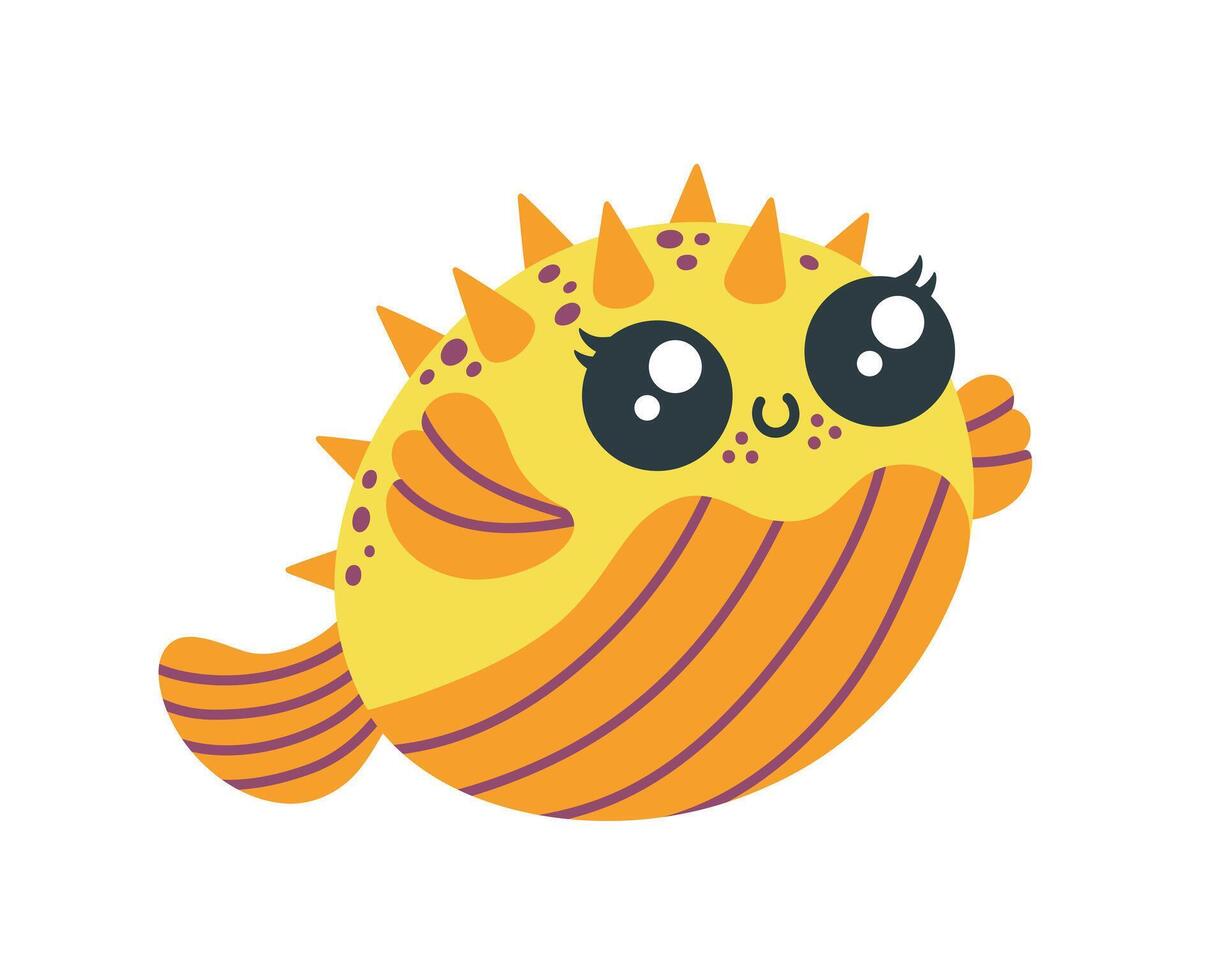 puffer fisk vektor illustration. japansk rolig fugu med ryggar. söt under vattnet djur- simmar, ler. färgrik hand dragen akvarium sällskapsdjur. gul - orange blåsfisk. platt tecknad serie ClipArt för barn