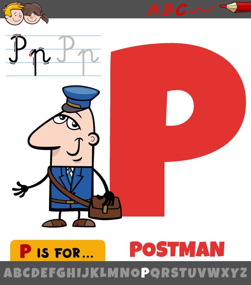 Brief p von Alphabet mit Karikatur Postbote Charakter vektor