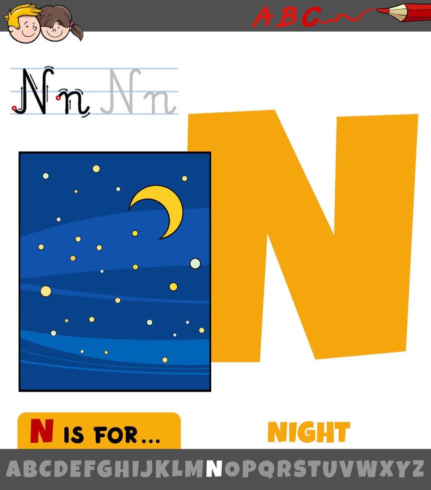 Brief n von Alphabet mit Karikatur Nacht Wort vektor