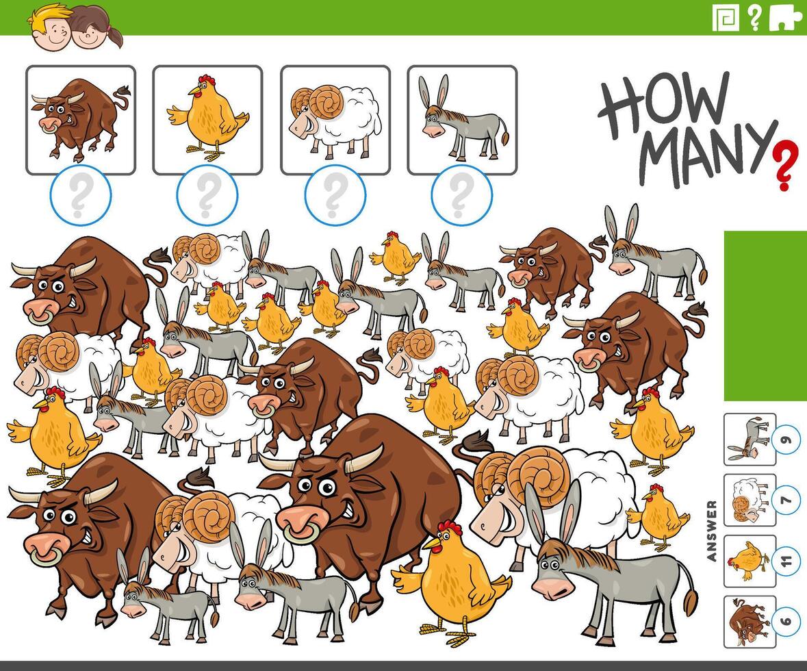 Wie viele Zählen Aktivität mit Karikatur Bauernhof Tiere vektor