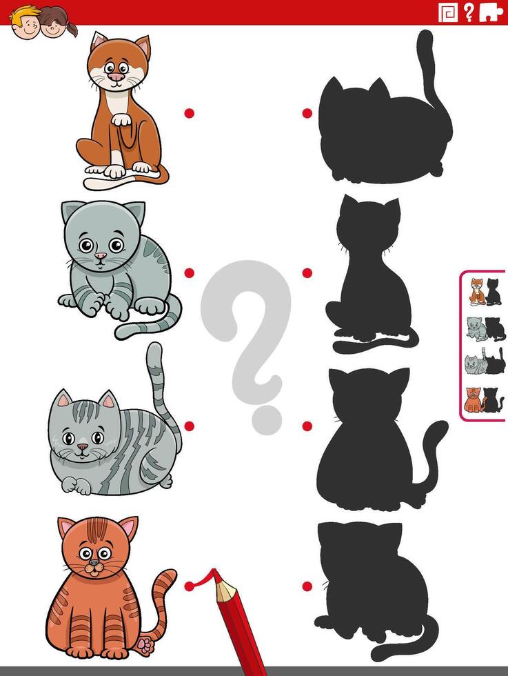 lehrreich Schatten Aktivität mit Karikatur Katzen Zeichen vektor