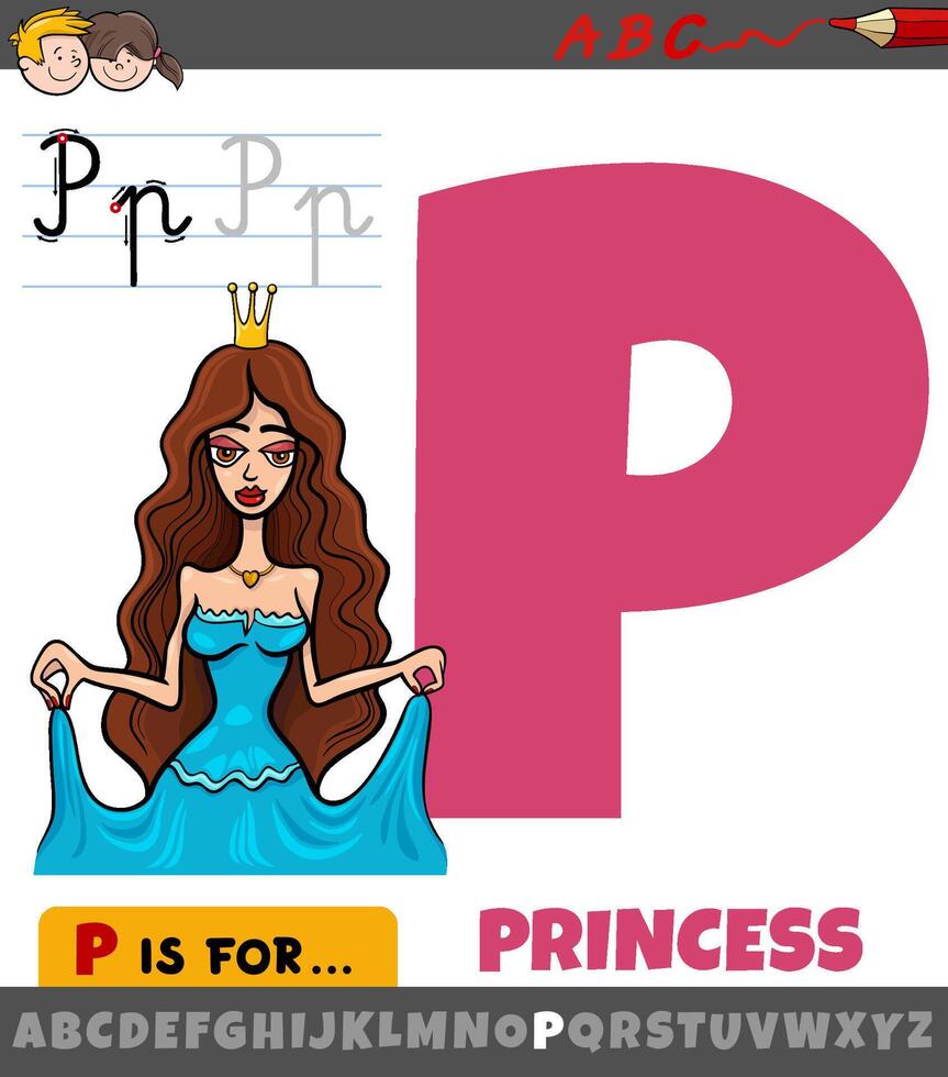 brev p från alfabet med tecknad serie prinsessa karaktär vektor