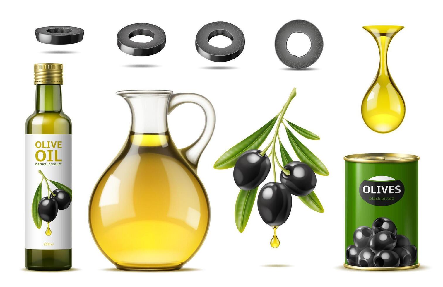 realistisk svart oliver, olja burk, kan och flaska vektor