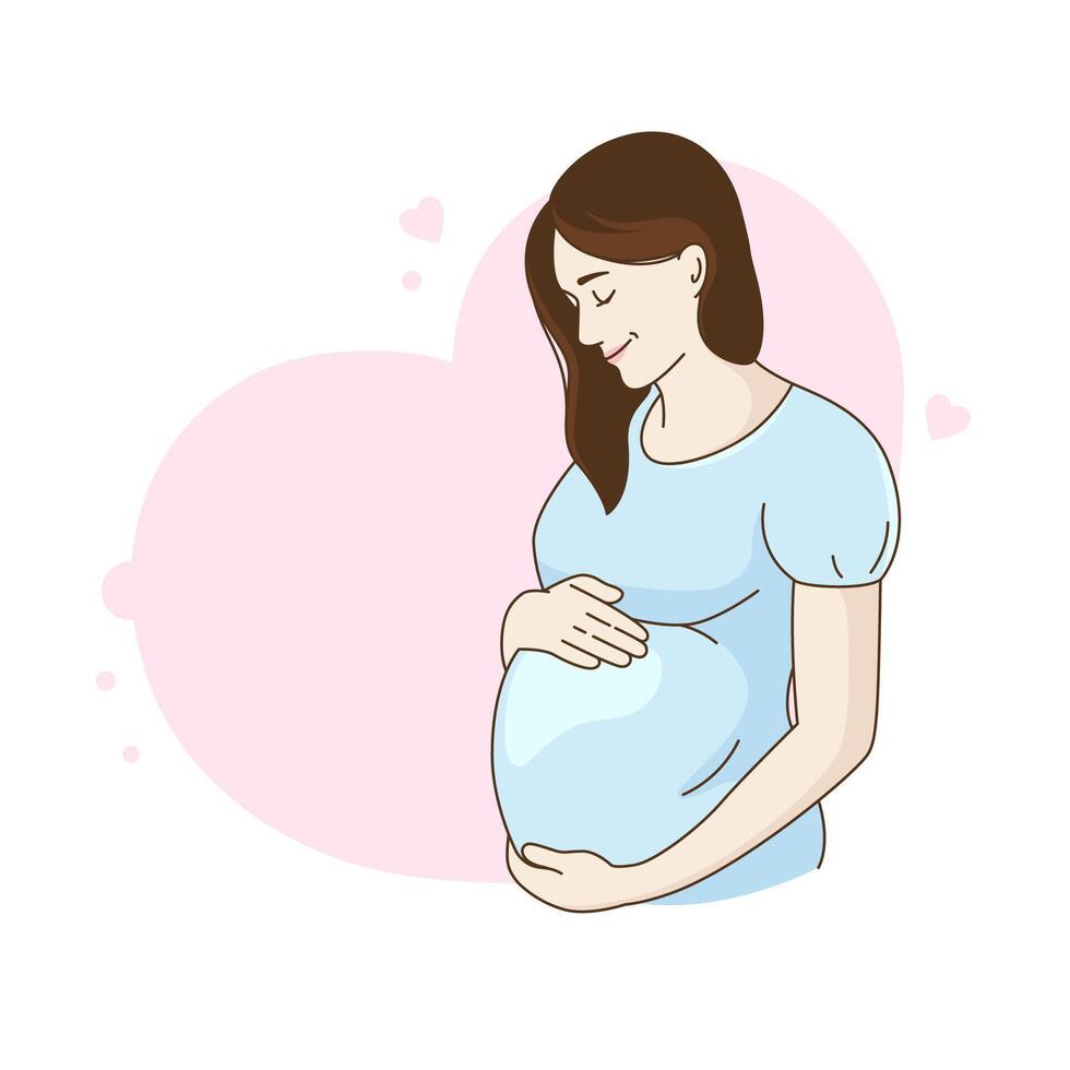 gravid kvinna, flicka på en hjärtformade bakgrund. tecknad serie, komisk vektor teckning, illustration