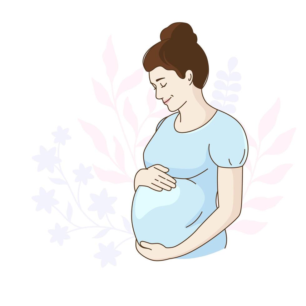 gravid kvinna, flicka på en blomma grenar bakgrund. tecknad serie, komisk vektor teckning, illustration