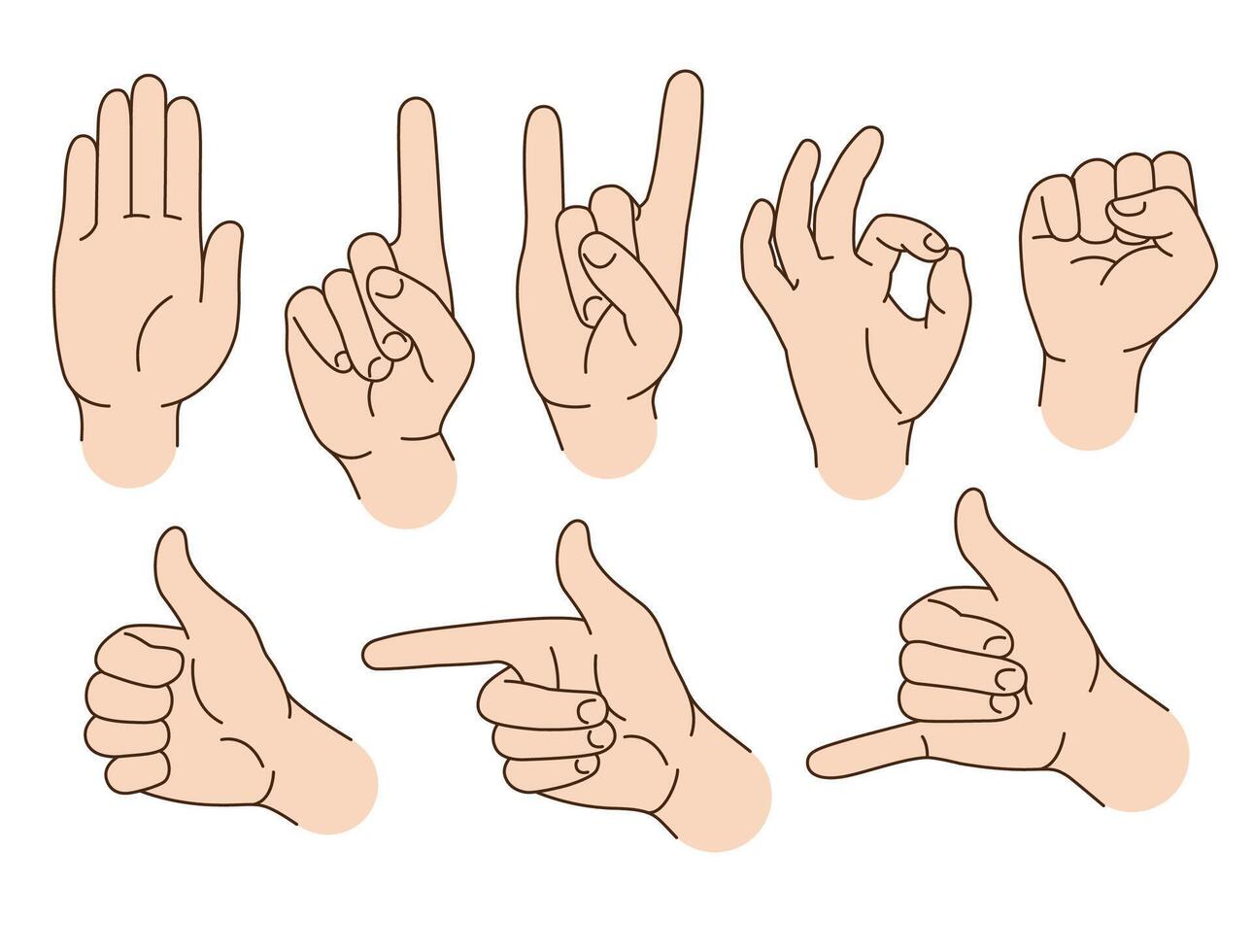 Hand Gesten, Zeichen. einstellen von Karikatur Stil Illustrationen, Vektor Zeichnungen