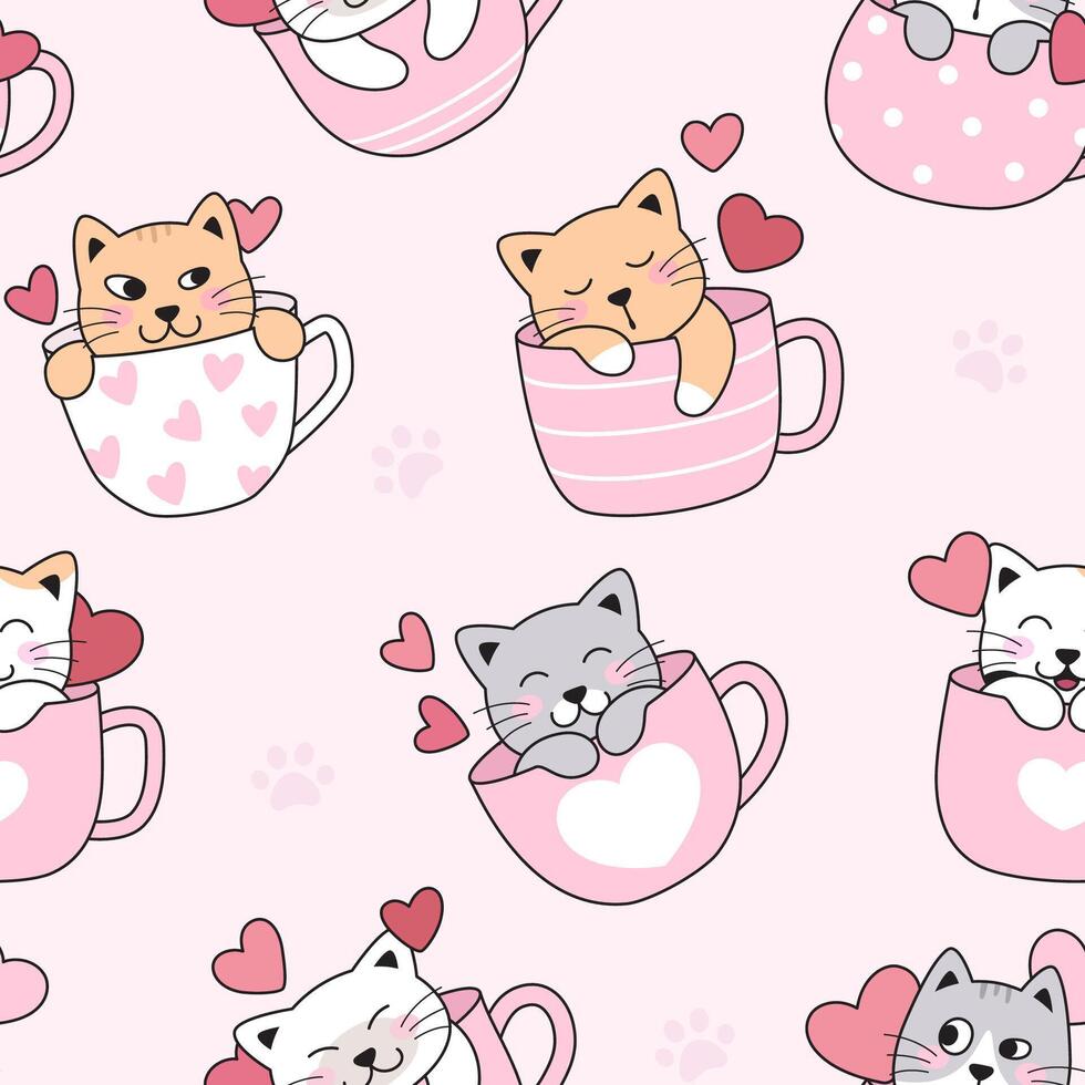 söt katter, kattungar i te, kaffe koppar, muggar med kugghjul. sömlös mönster, bakgrund. kärlek sällskapsdjur. enkel tecknad serie vektor ritningar.