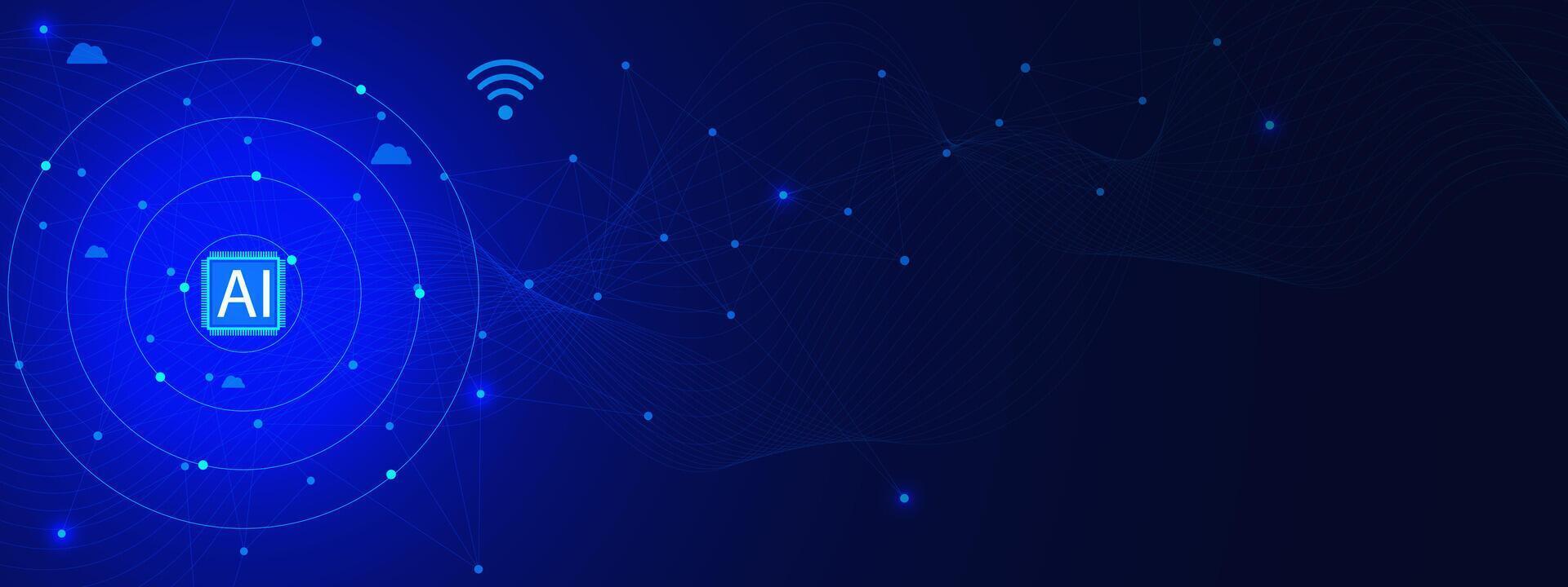 ai maskin inlärning begrepp, stor data visualisering. abstrakt geometrisk med mikrochip och ansluter prickar rader. nätverk förbindelse och global kommunikation teknologi. vektor illustration.