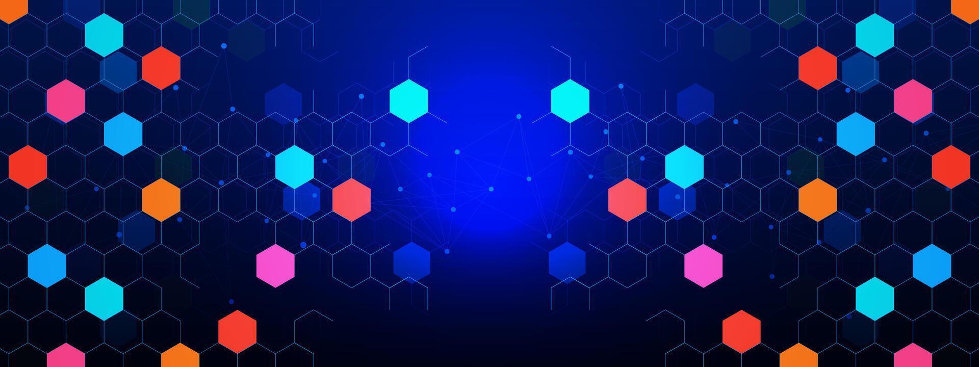 abstrakt geometrisk med färgrik hexagoner mönster och ansluter de prickar rader på mörk blå bakgrund. medicinsk, vetenskap och teknologi begrepp design. vektor illustration.